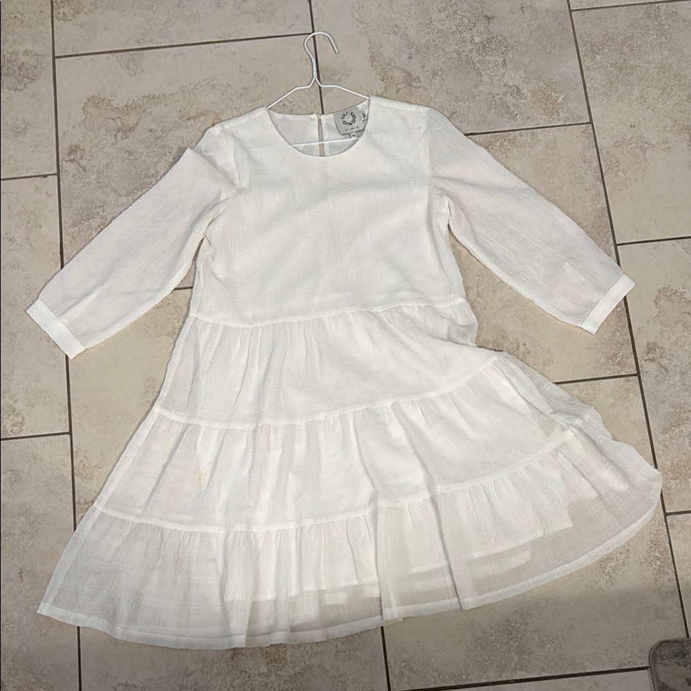 White Tiered Mini Sundress with Cuffed 3/4 Sleeves
